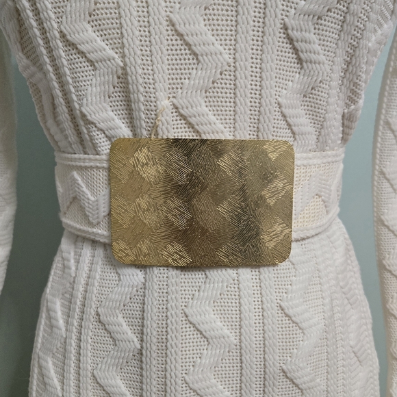 Vintage 70s White Knit Mockneck Full Length Maxi Sweater Dress With Gold Belt - Picture 3 of 10